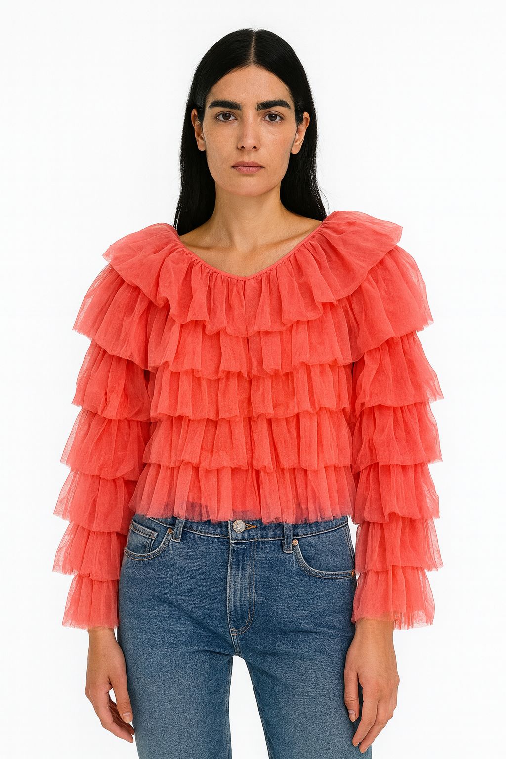 Coral Ruffled Tulle Statement Top