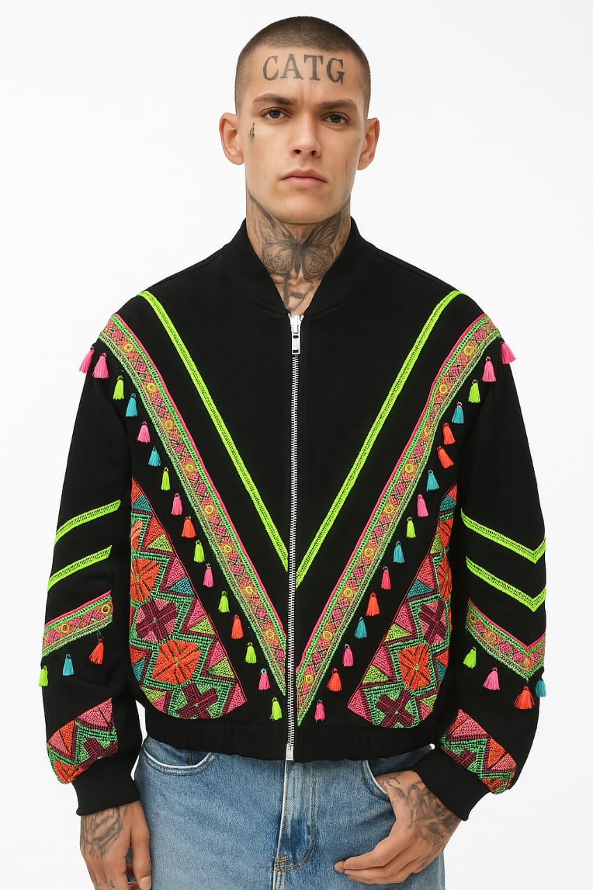 Neon Tribal Embroidered Tassel Jacket