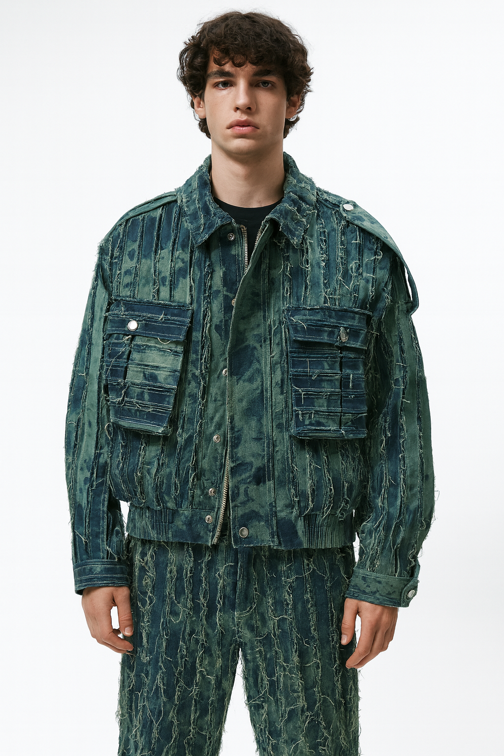 Distressed Striped Denim Utility Jacket