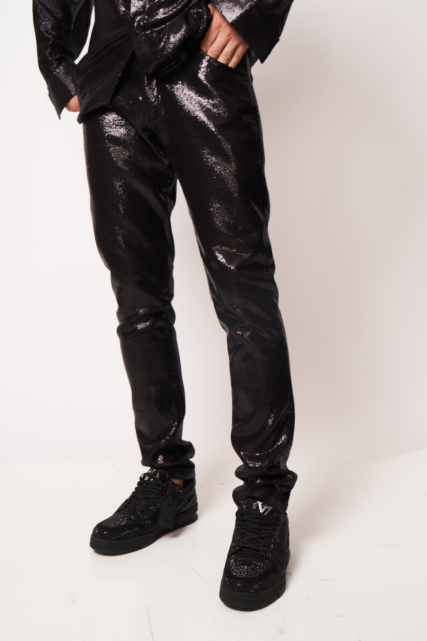 Black High-Shine Sequin Tapered Pants