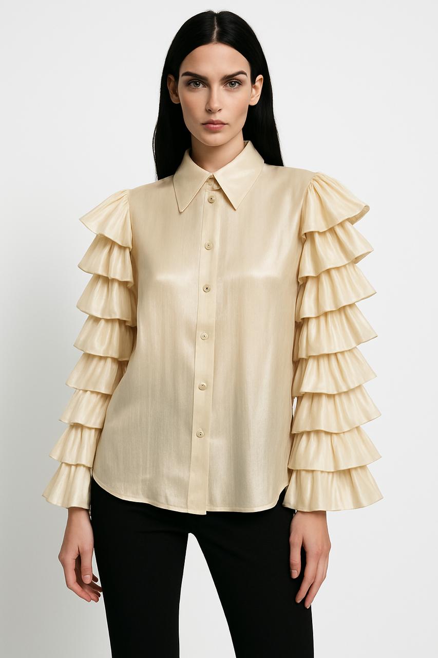 Champagne Satin Ruffle Sleeve Shirt