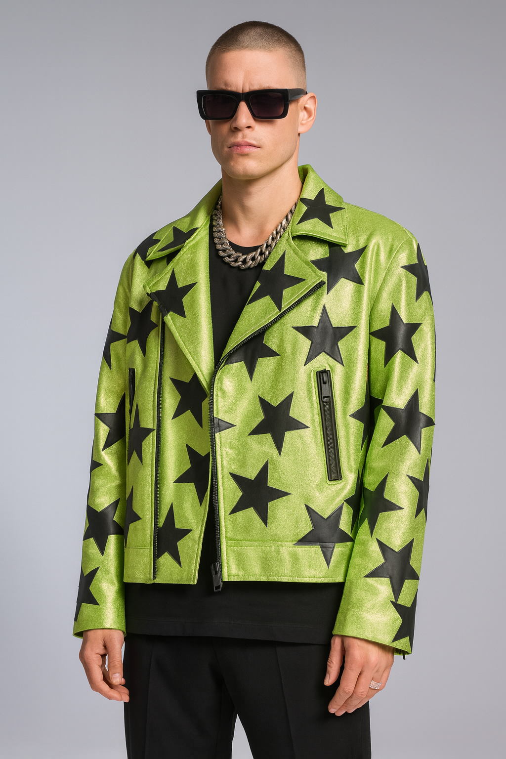 Neon Green Star-Pattern Moto Jacket