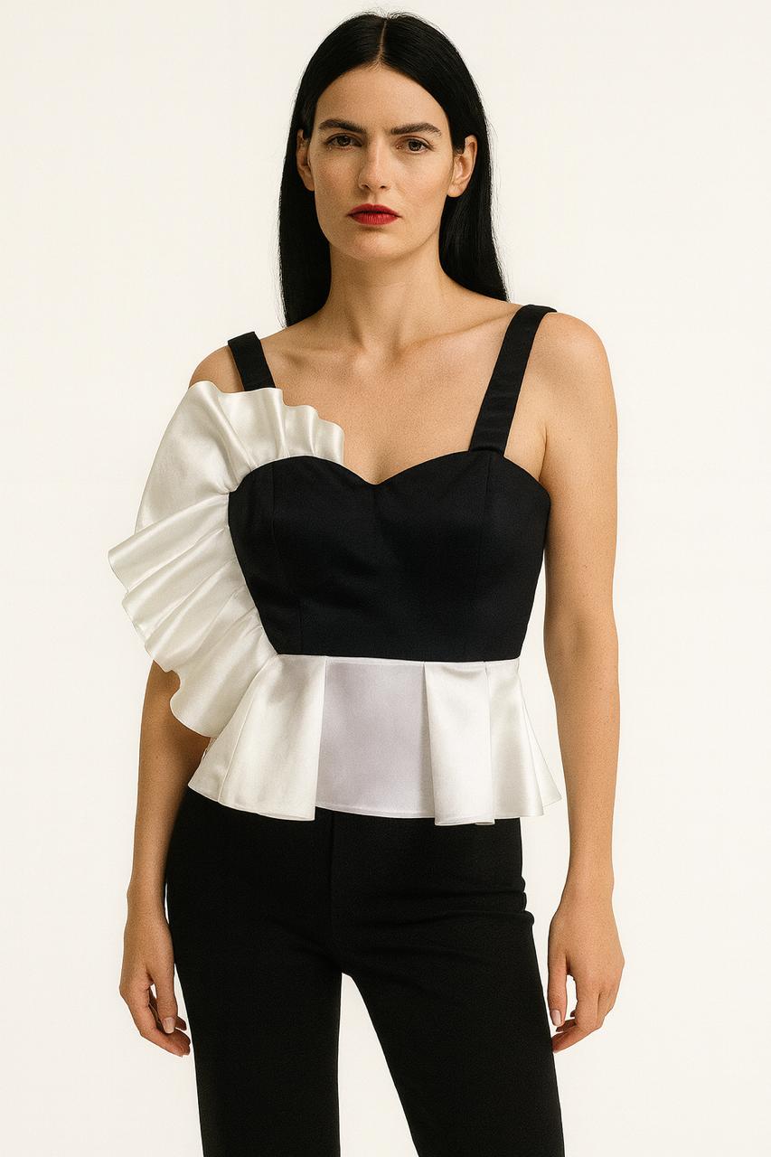 Monochrome Asymmetric Ruffle Peplum Top