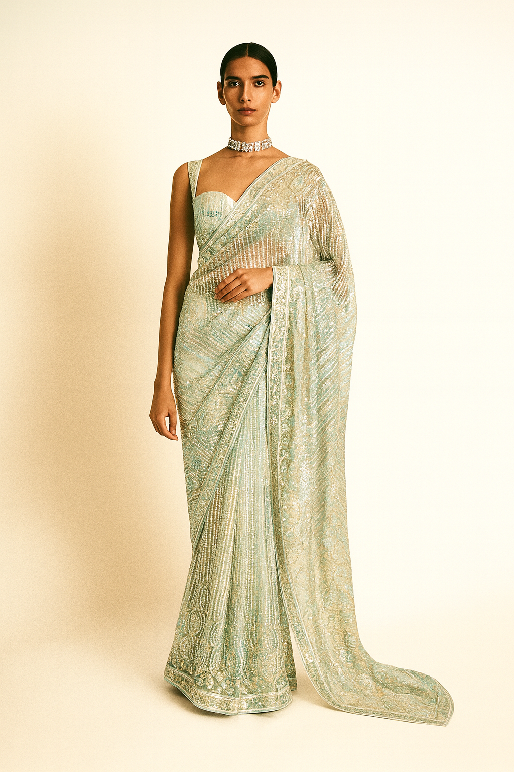 Mint Sequin Embroidered Saree
