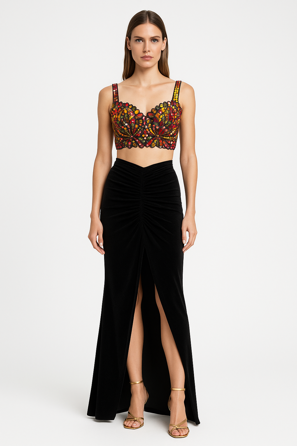 Embellished Corset Crop Top with Black Velvet Slit Skirt Set