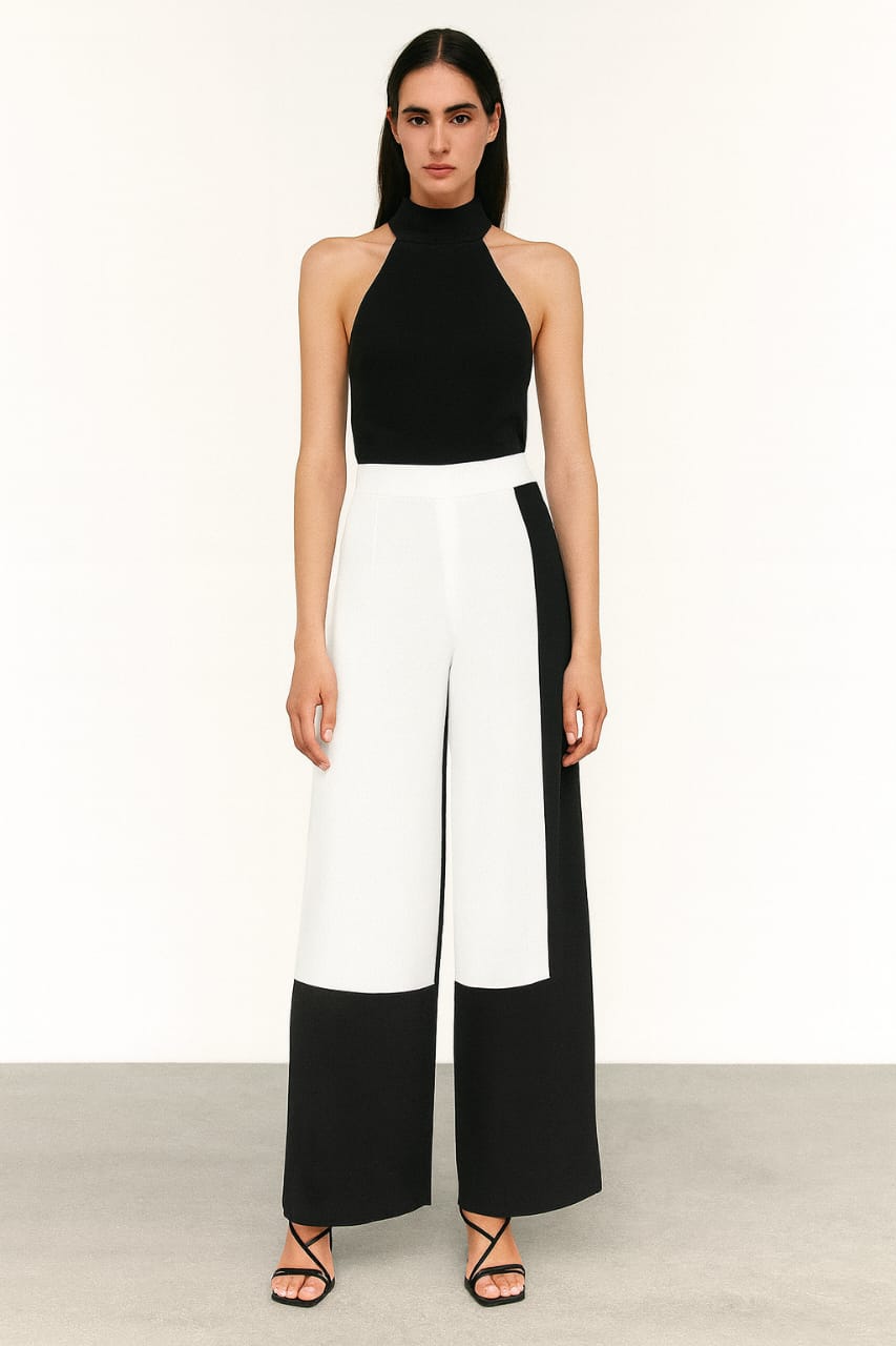 Monochrome Wide-Leg Colorblock Trousers