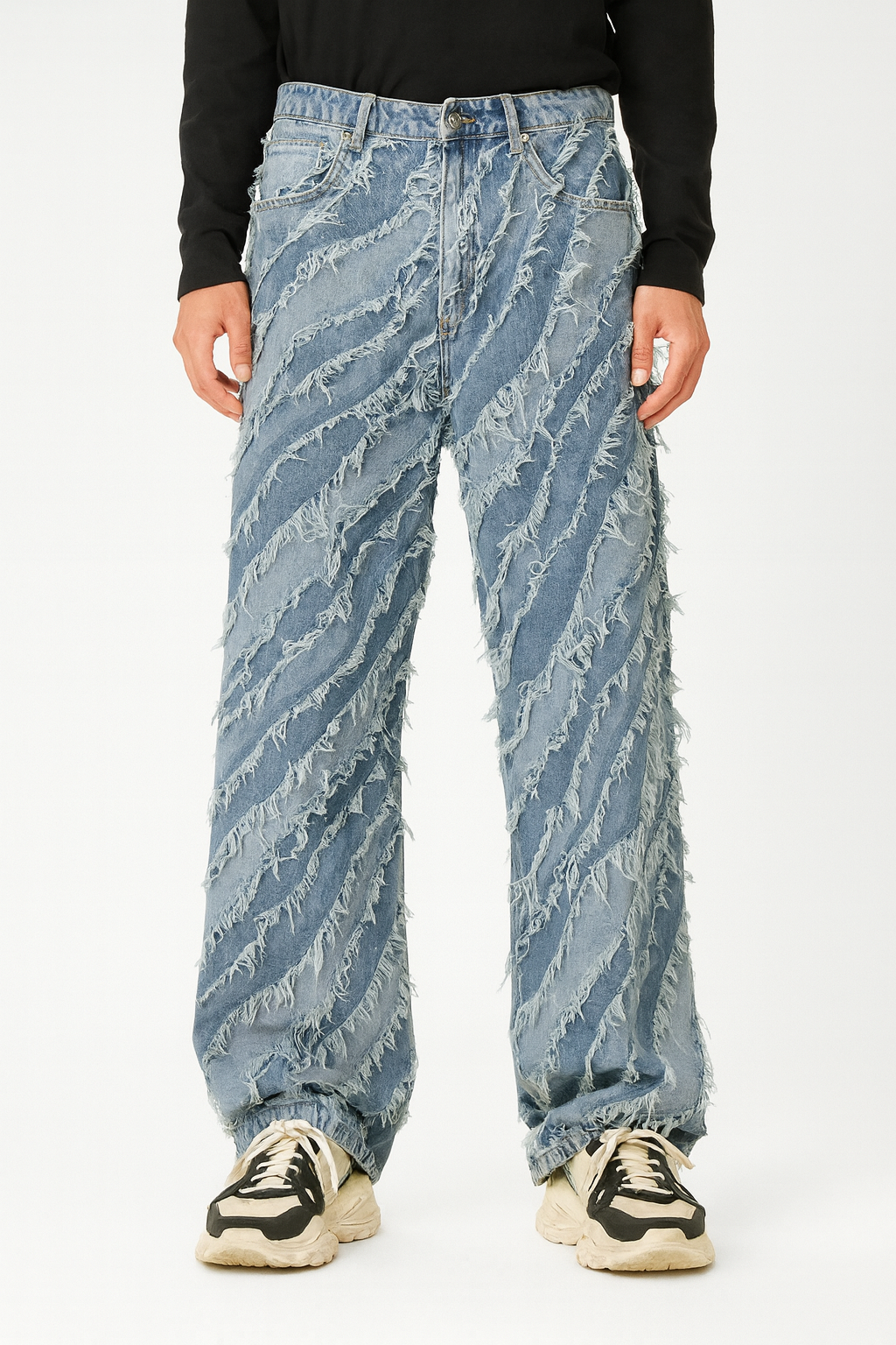 Wave-Fringe Distressed Denim Pants โ Blue