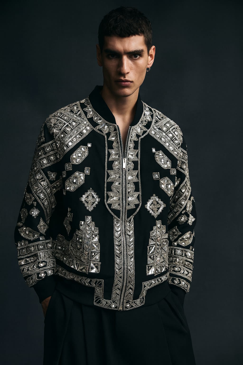 Black Hand-Embroidered Mirrorwork Couture Bomber Jacket