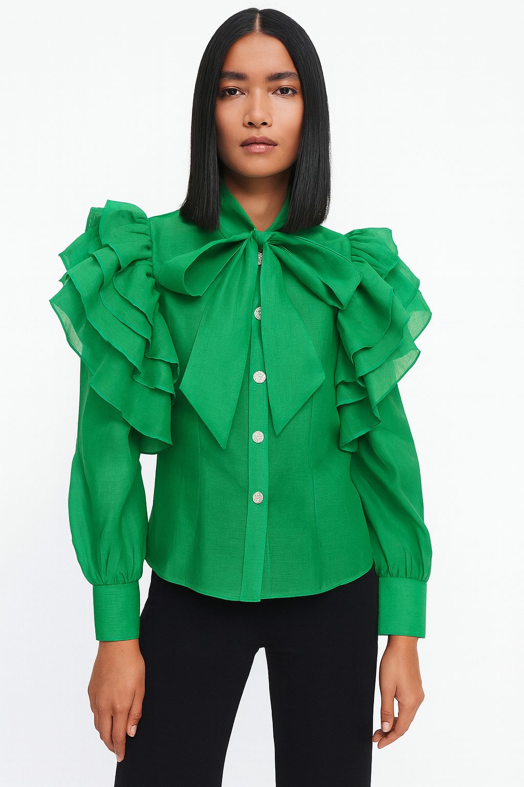 Emerald Ruffle Bow Statement Blouse