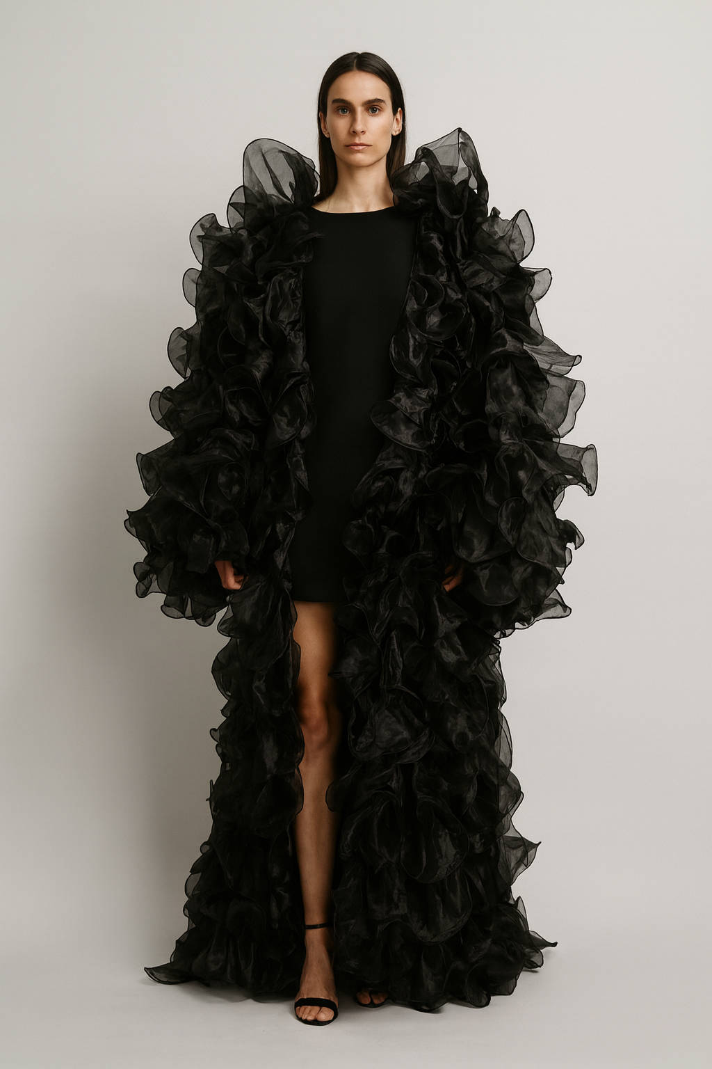 Black Ruffled Organza Statement Coat
