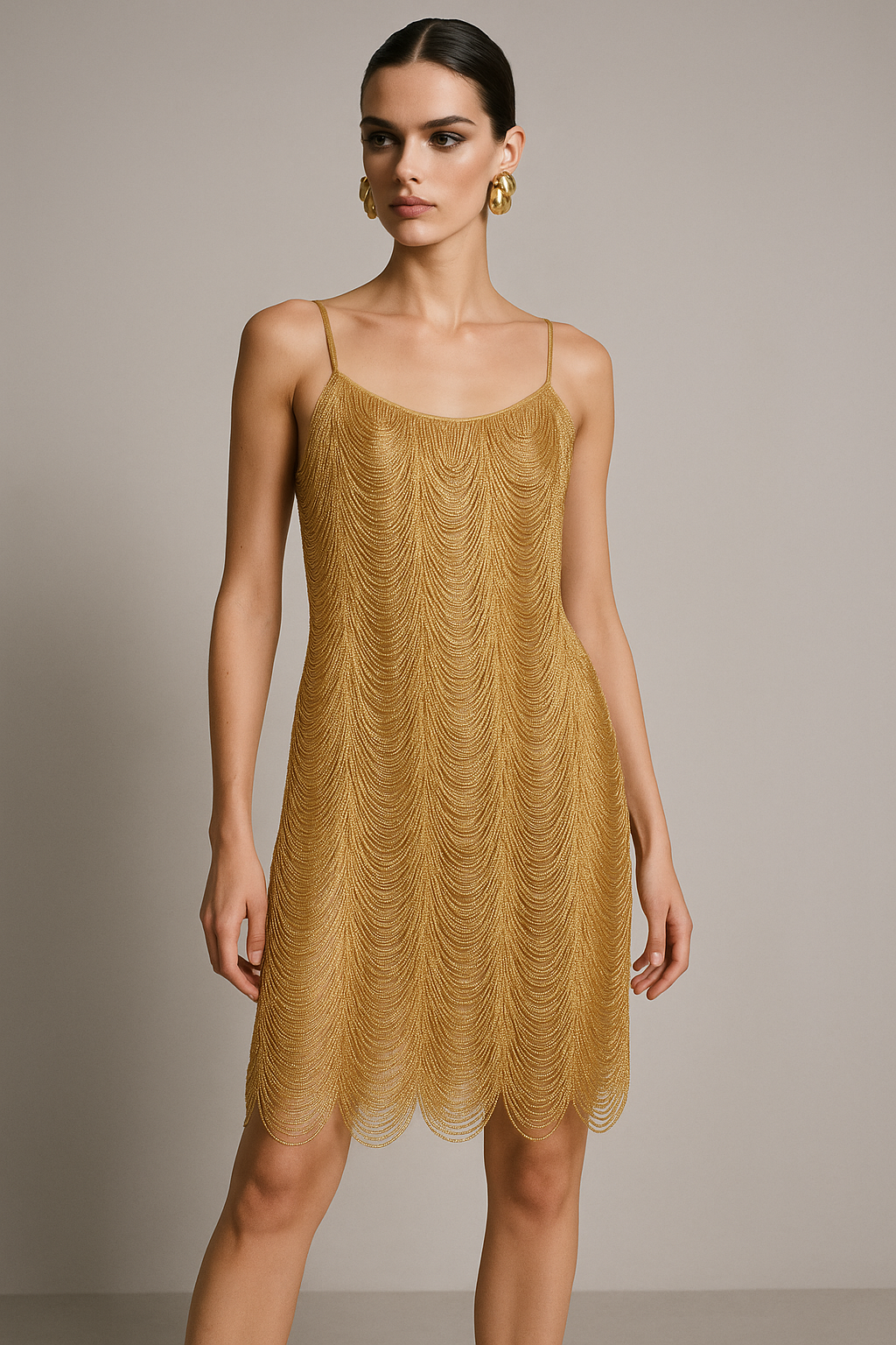 Golden Beaded Fringe Slip Dress