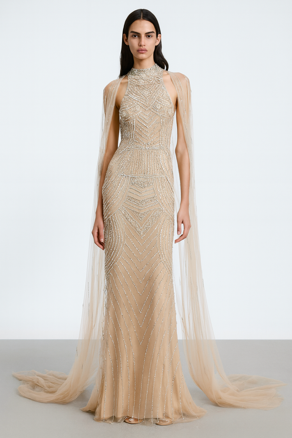 Champagne Embellished Cape Gown