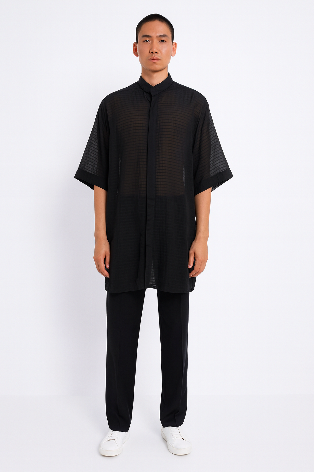 Black Sheer Band Collar Oversized Shirt