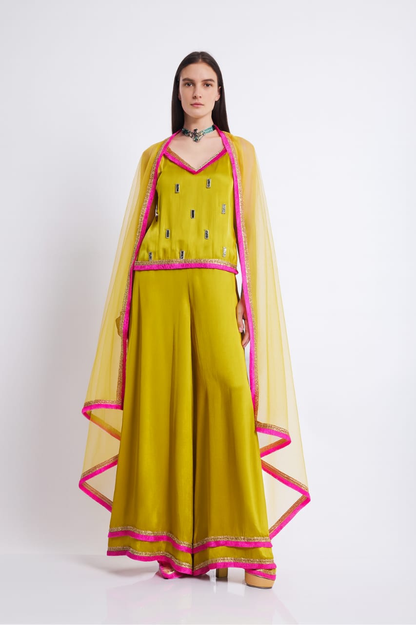 Mustard Yellow Cape Co-ord Set with Pink Detailing