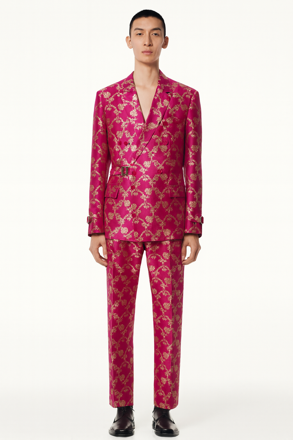 Fuchsia Gold Brocade Double-Breasted Indo-Western Suit