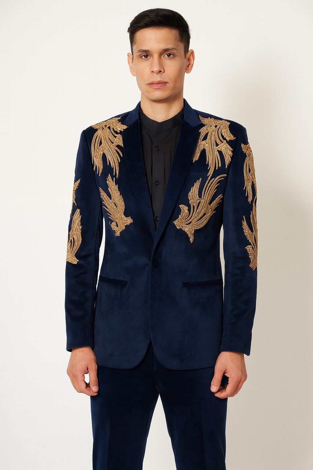 Navy Velvet Blazer with Gold Embroidery