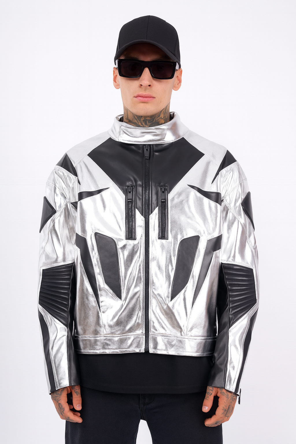 Futuristic Silver & Black Moto Tech Jacket