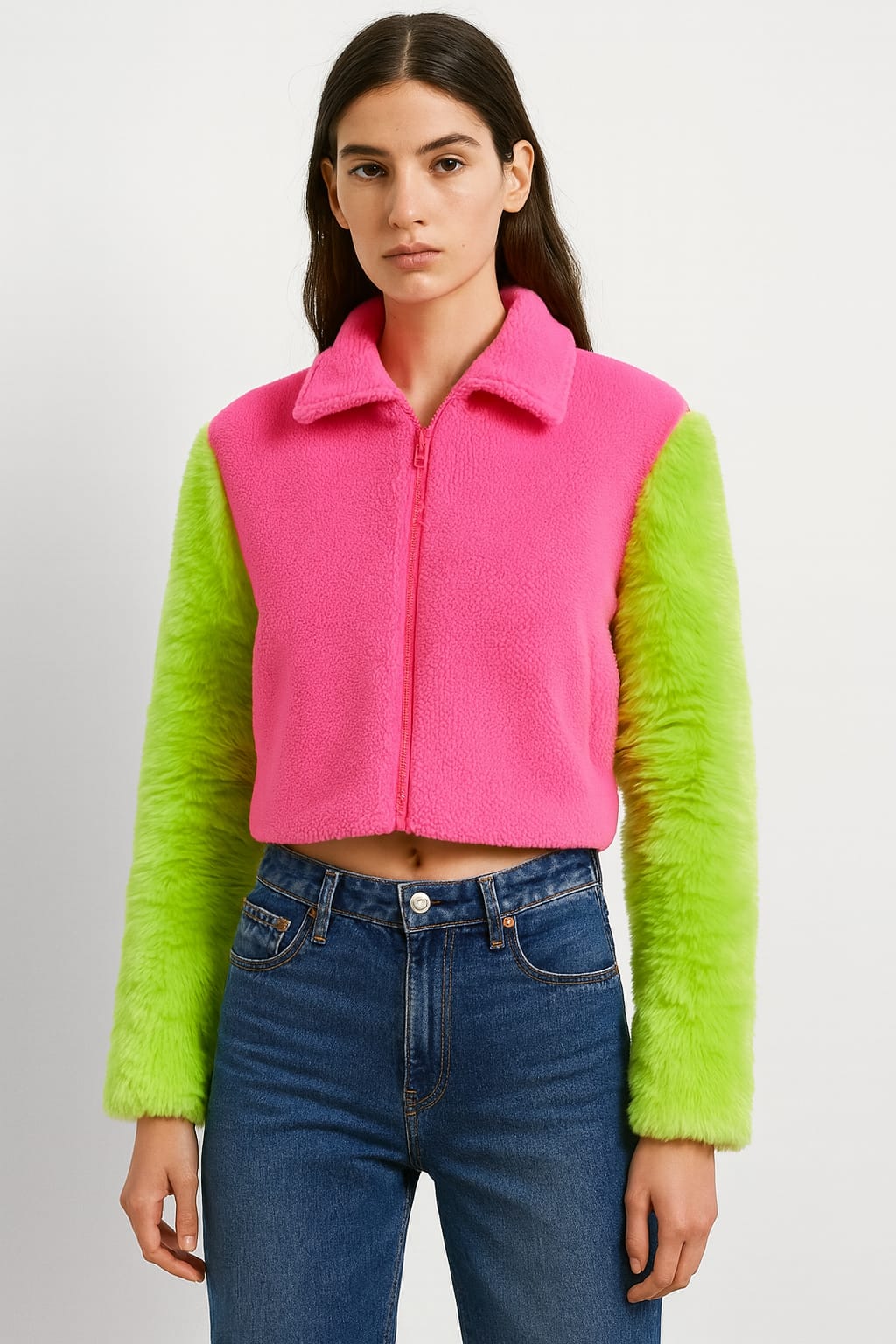 Neon green pink fur jacket