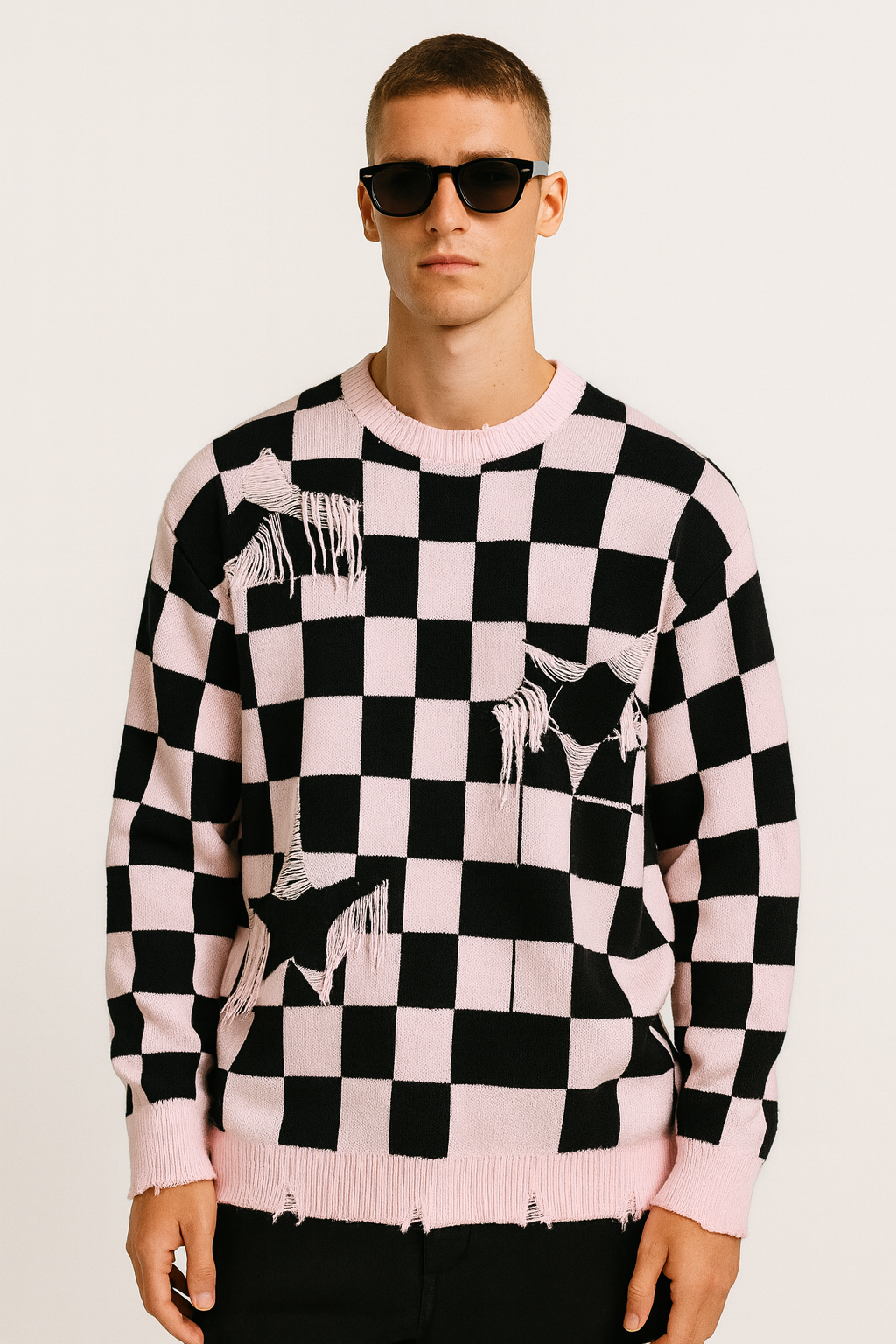Pink Checkerboard Distressed Knit Jumper