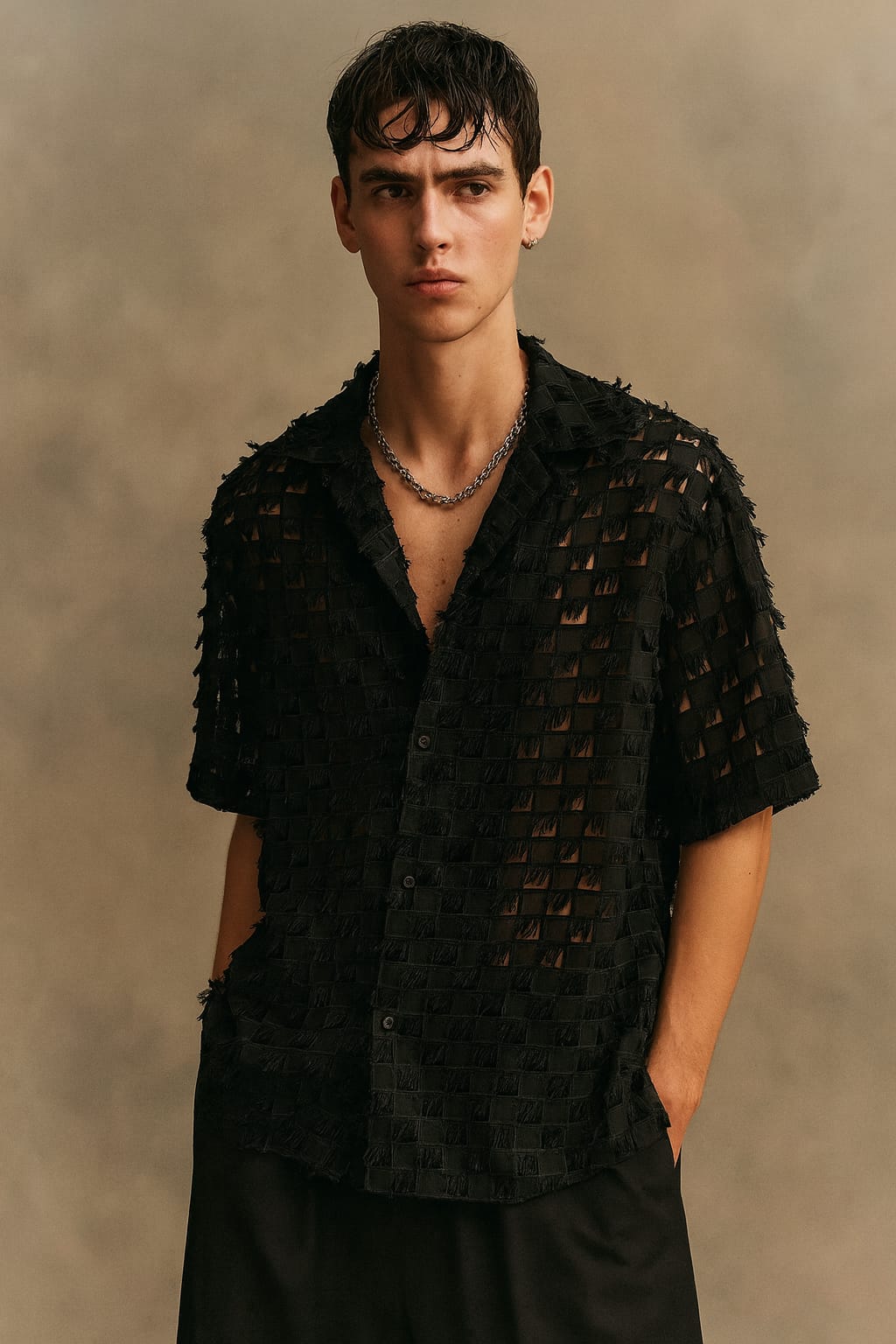 Black Textured Sheer Short-Sleeve Shirt