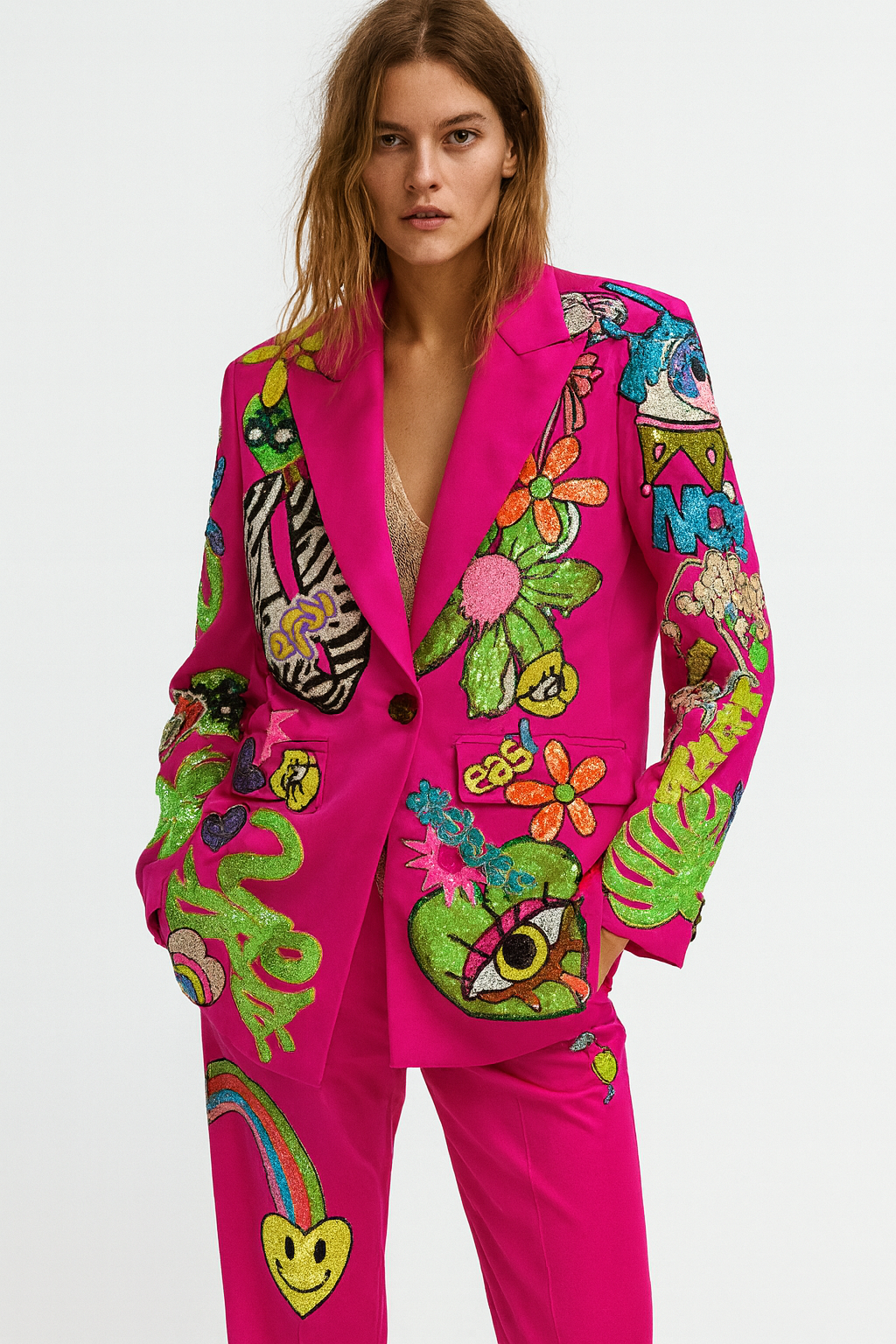 Patched pink statement blazer