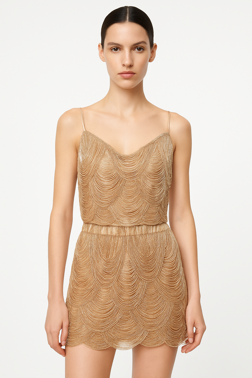 ROSE Gold Scalloped Beaded Mini Skirt