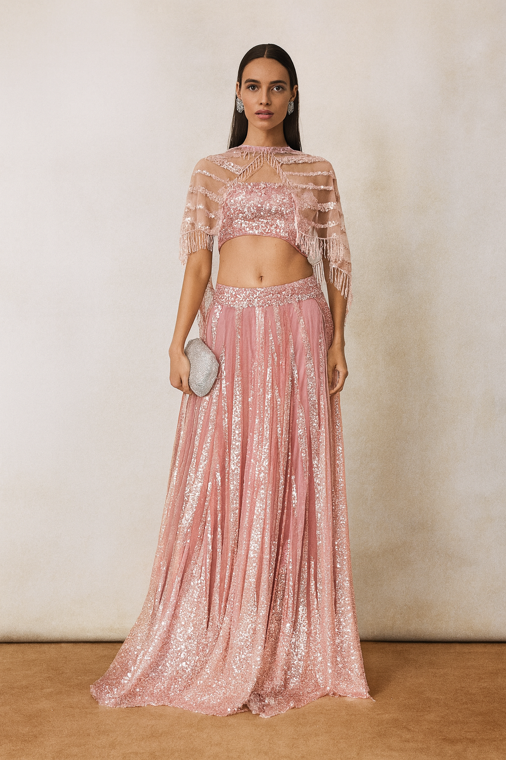 Blush Pink Sequin Lehenga Set with Sheer Cape