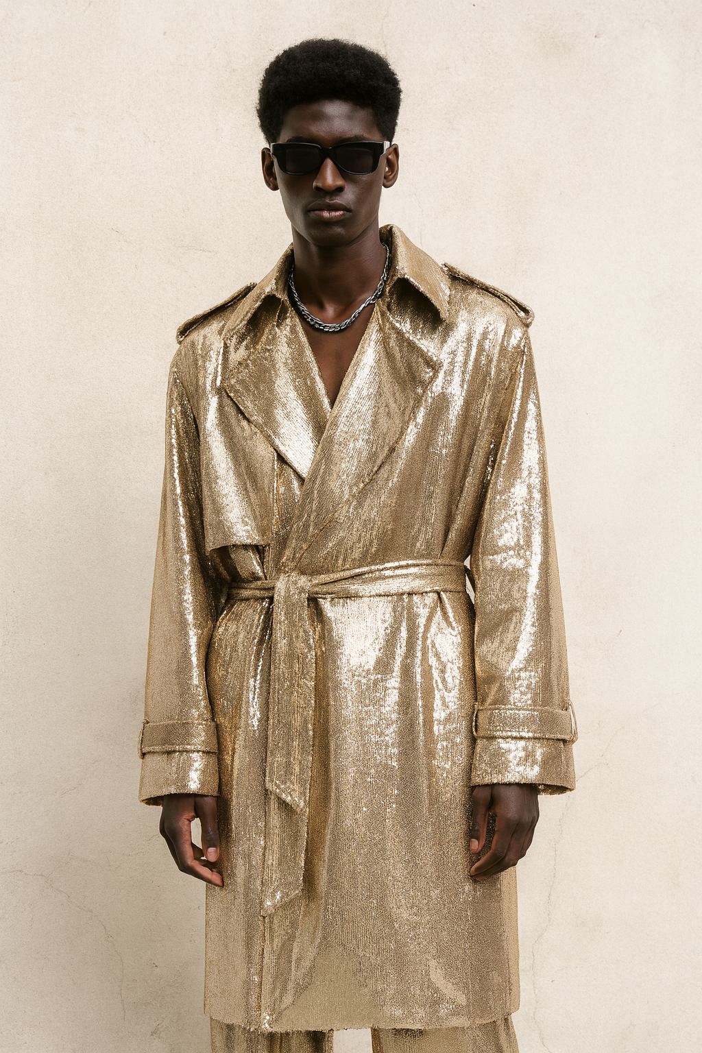 Gold Metallic Sequin Trench Coat