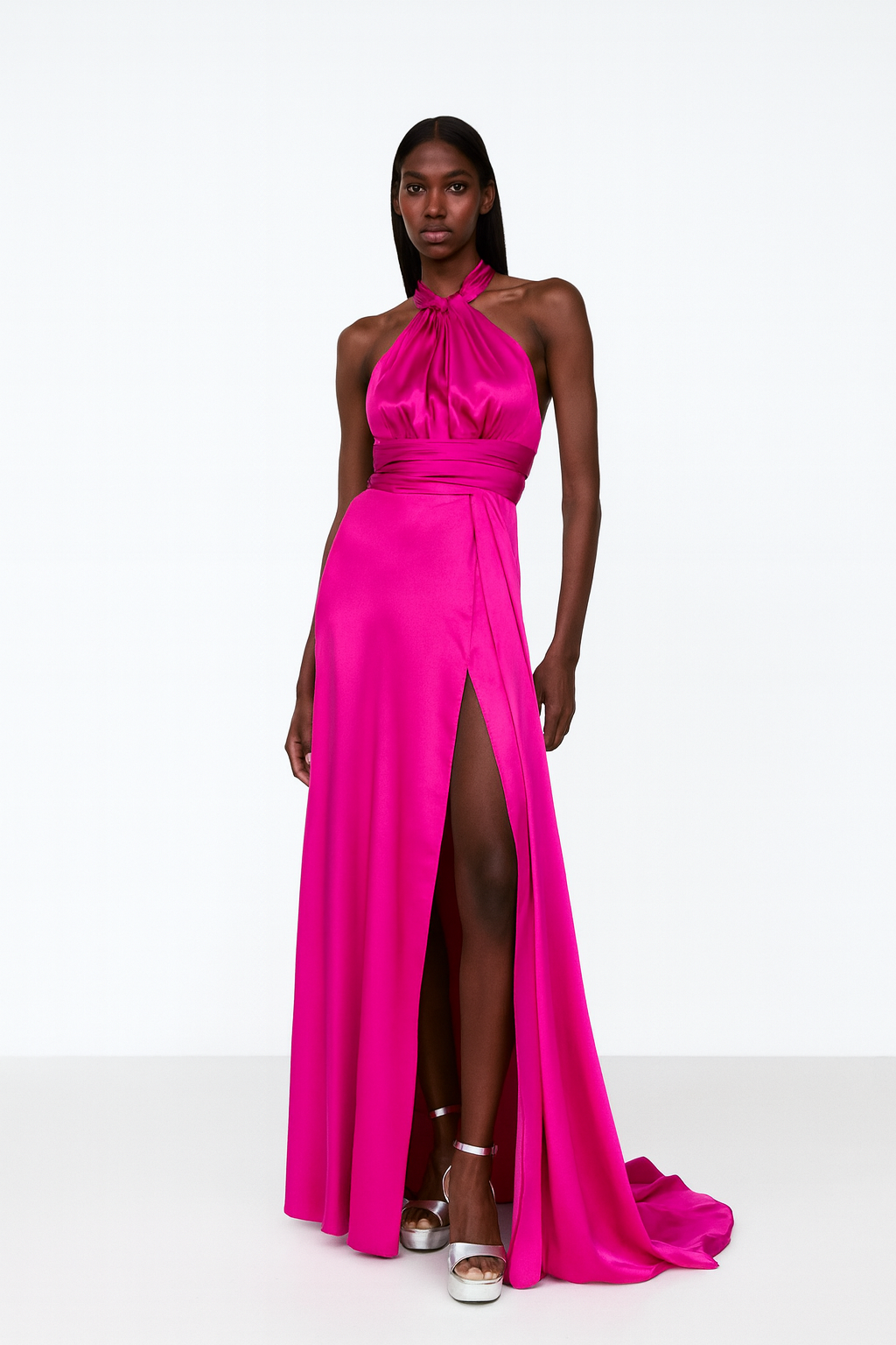 Fuchsia Satin Halter Gown