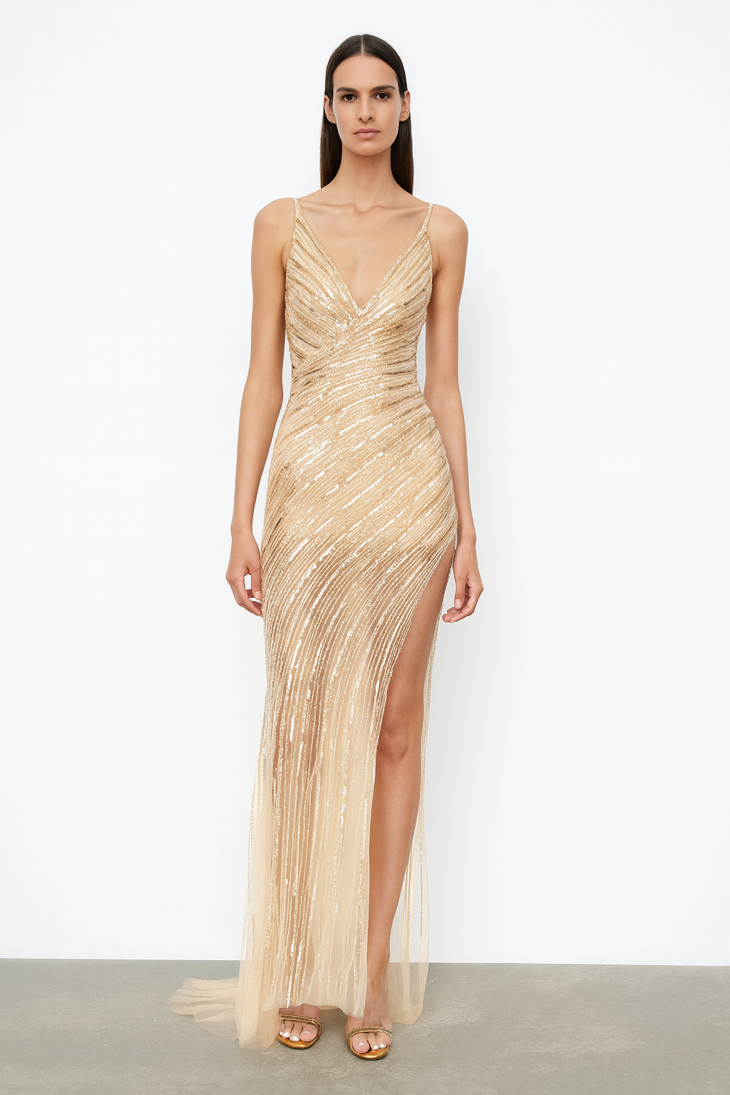 Gold Sequin Thigh-Slit Gown