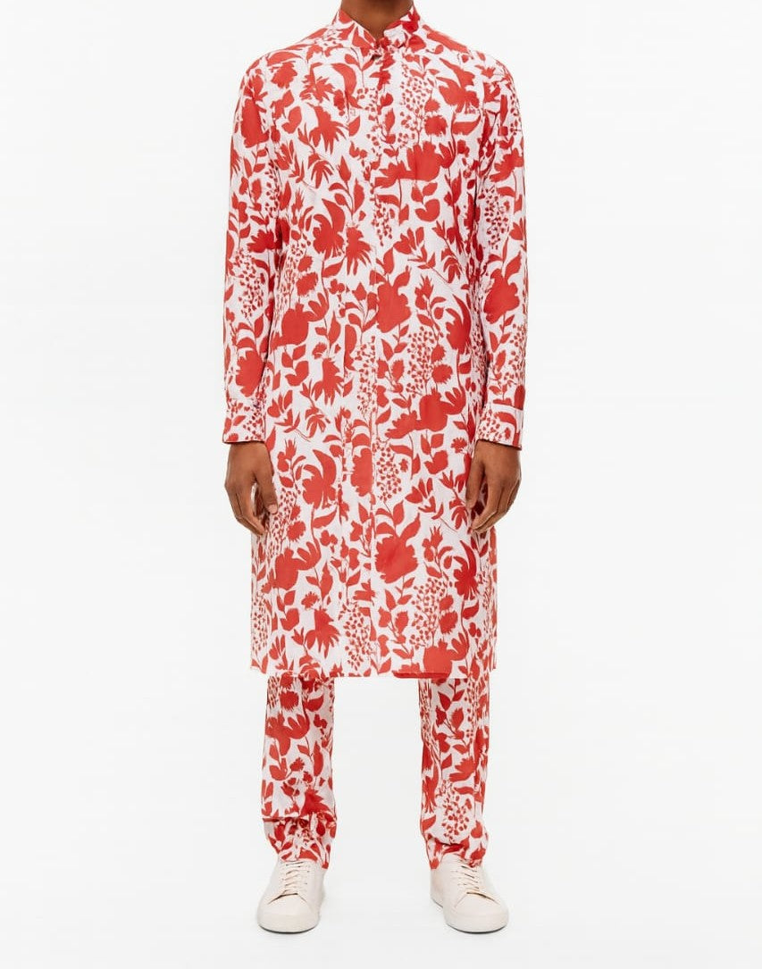 Red & White Floral Print Long Kurta