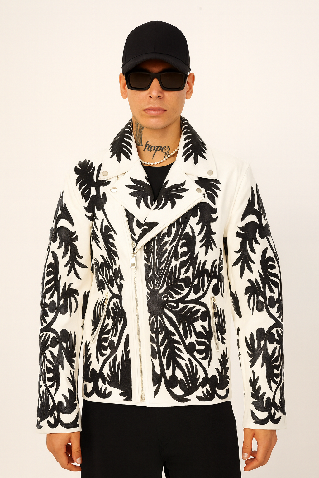 White & Black Baroque Embroidered Biker Jacket