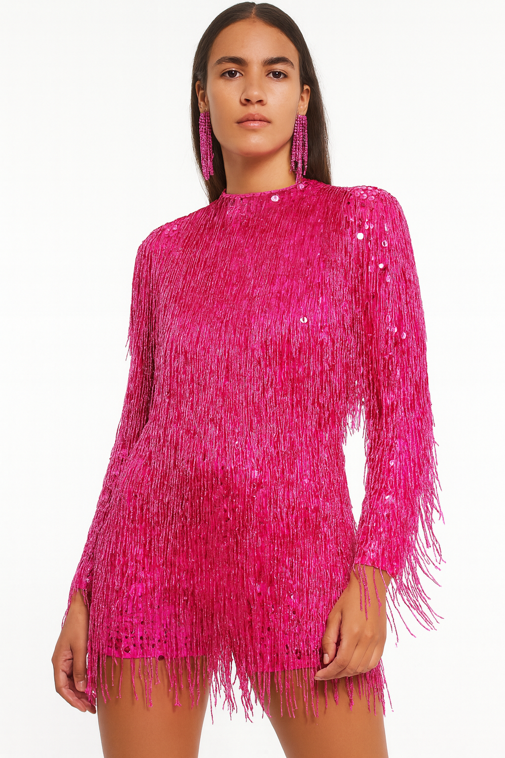 Electric Fuchsia Sequin Fringe Mini Dress