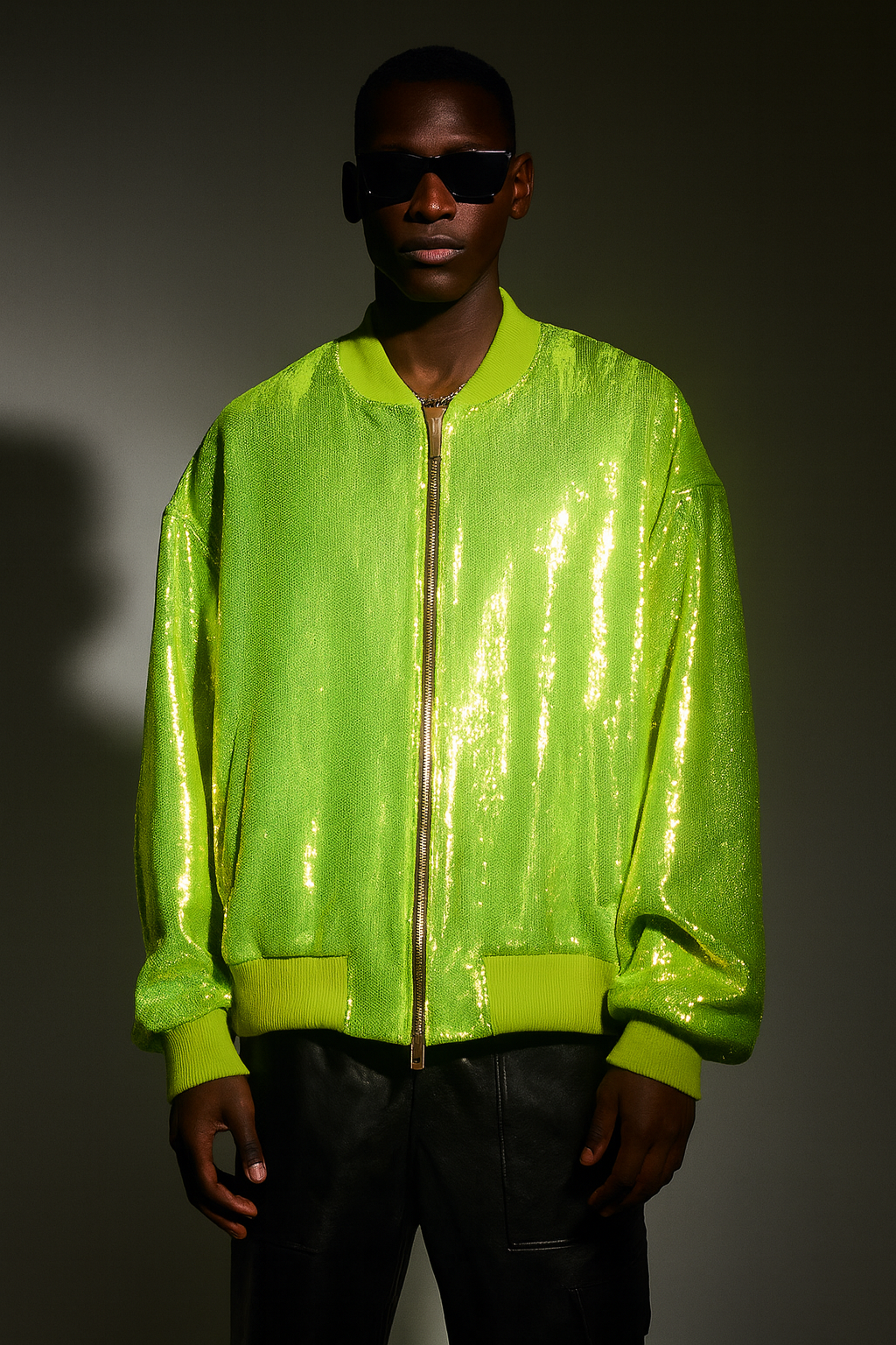 Neon Green High-Shine Sequin Bomber Jacket