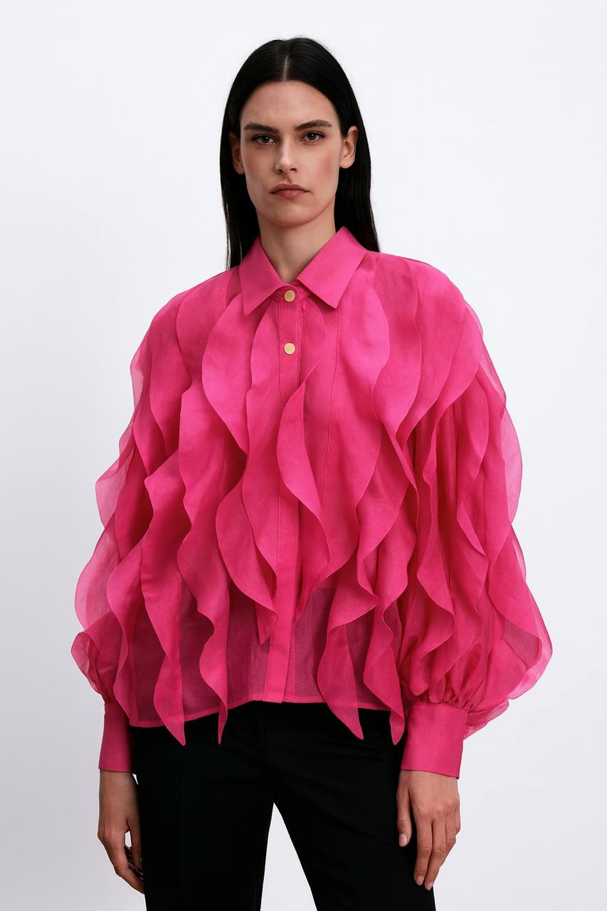 Hot Pink Organza Wave Ruffle Blouse