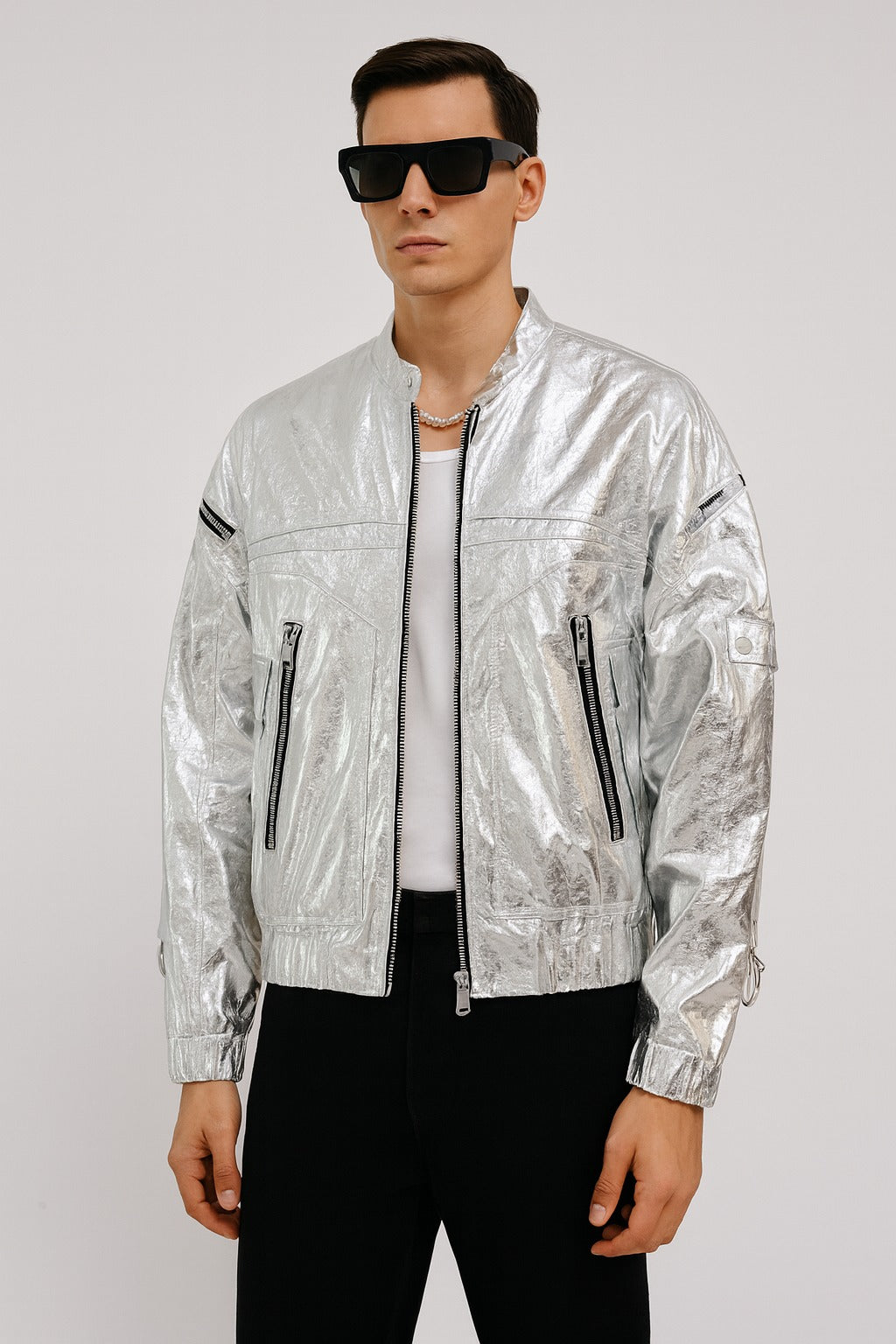 Metallic Silver Futuristic Bomber Jacket