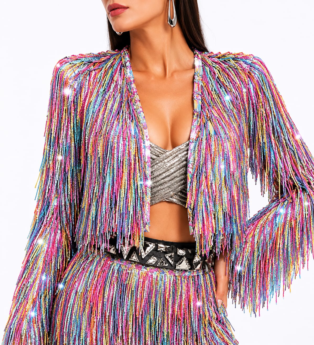 Multicolor shimmer tassel jacket