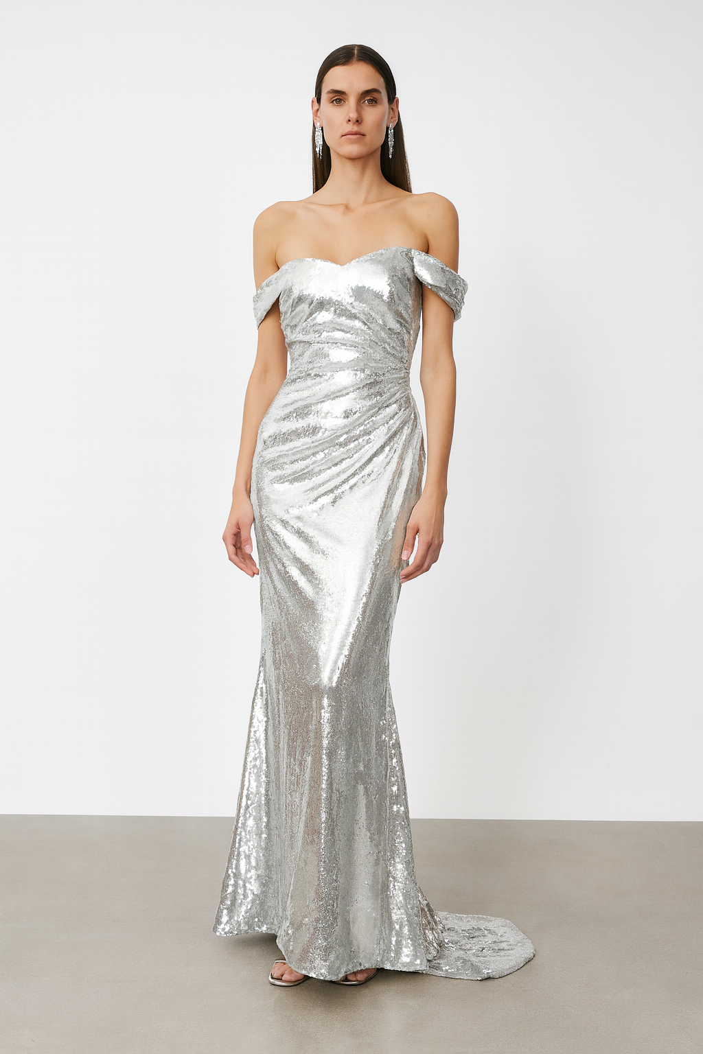 Silver Off-Shoulder Sequin Gown