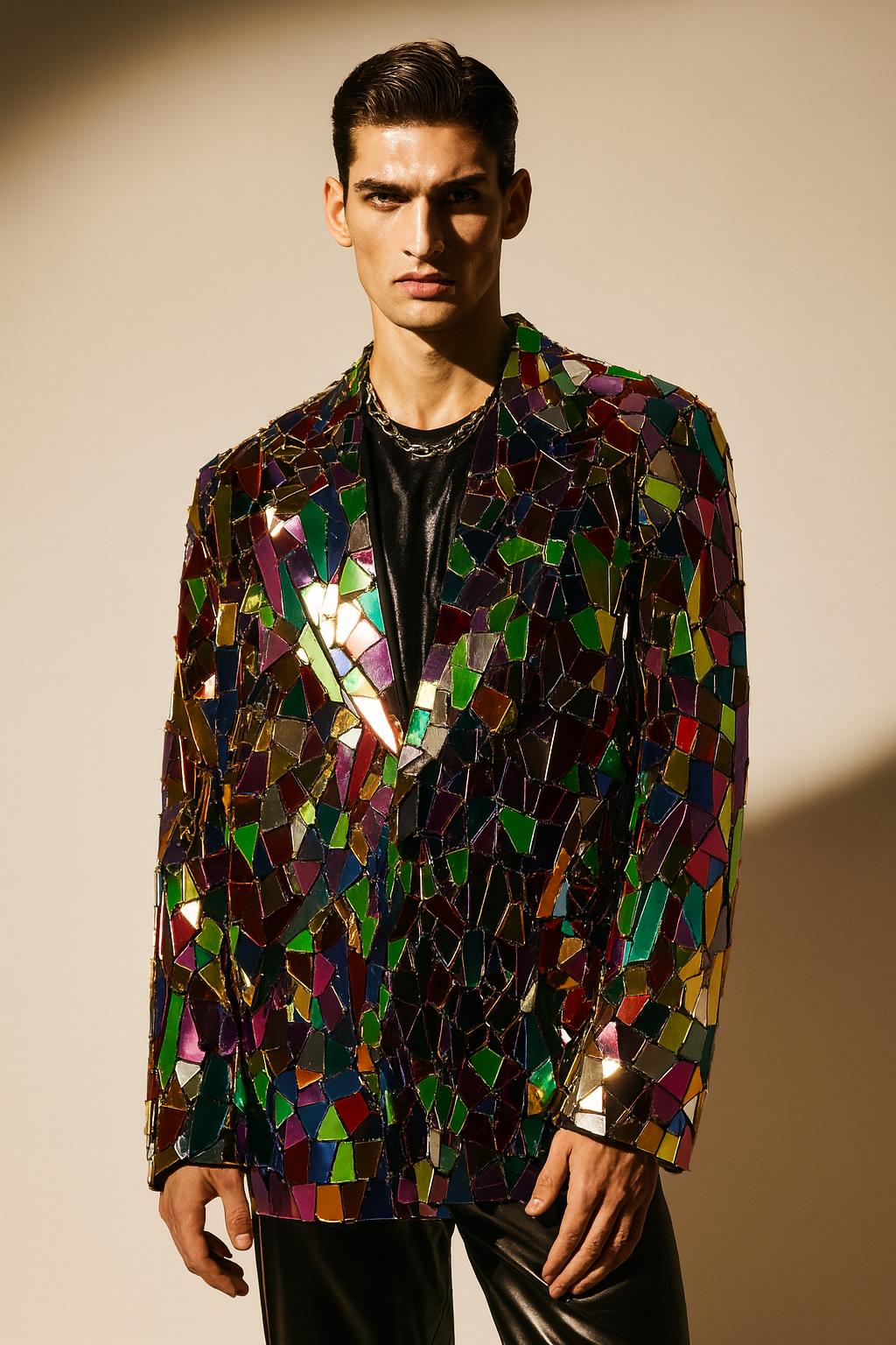 Multicolor Stained-Glass Mirror Mosaic Blazer