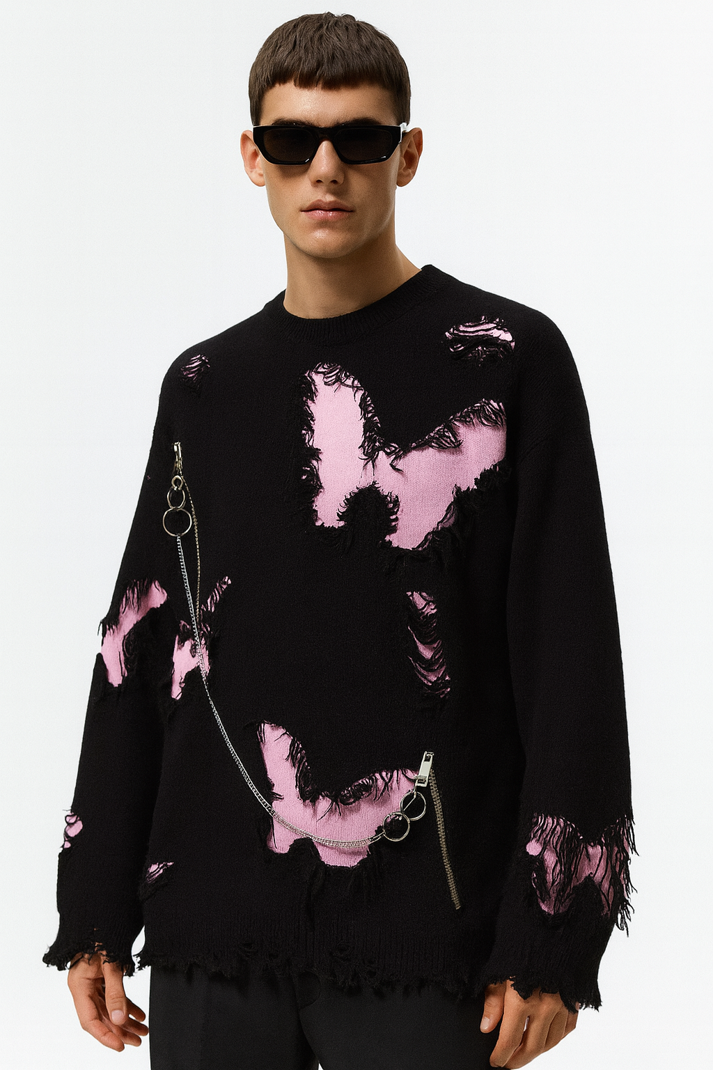 Distressed Butterfly Knit Jumper with Metal Chain Detail