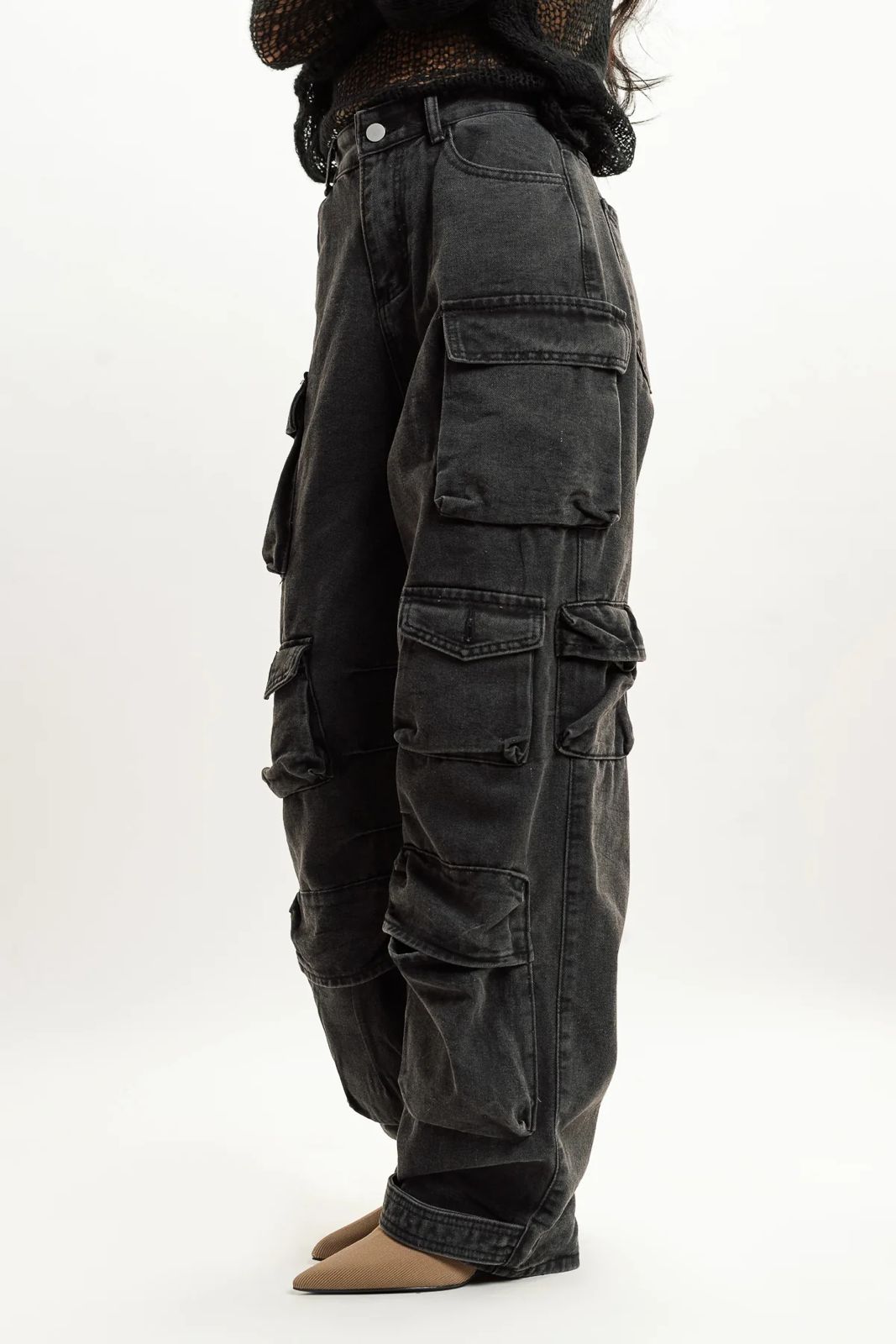 Washed Black Multi-Pocket Cargo Denim