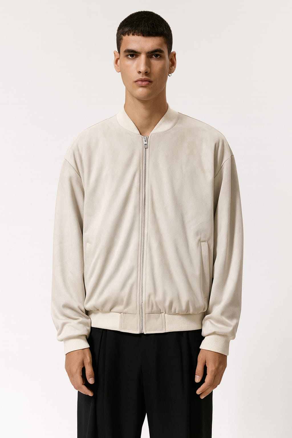 Soft Beige Suede-Feel Bomber Jacket