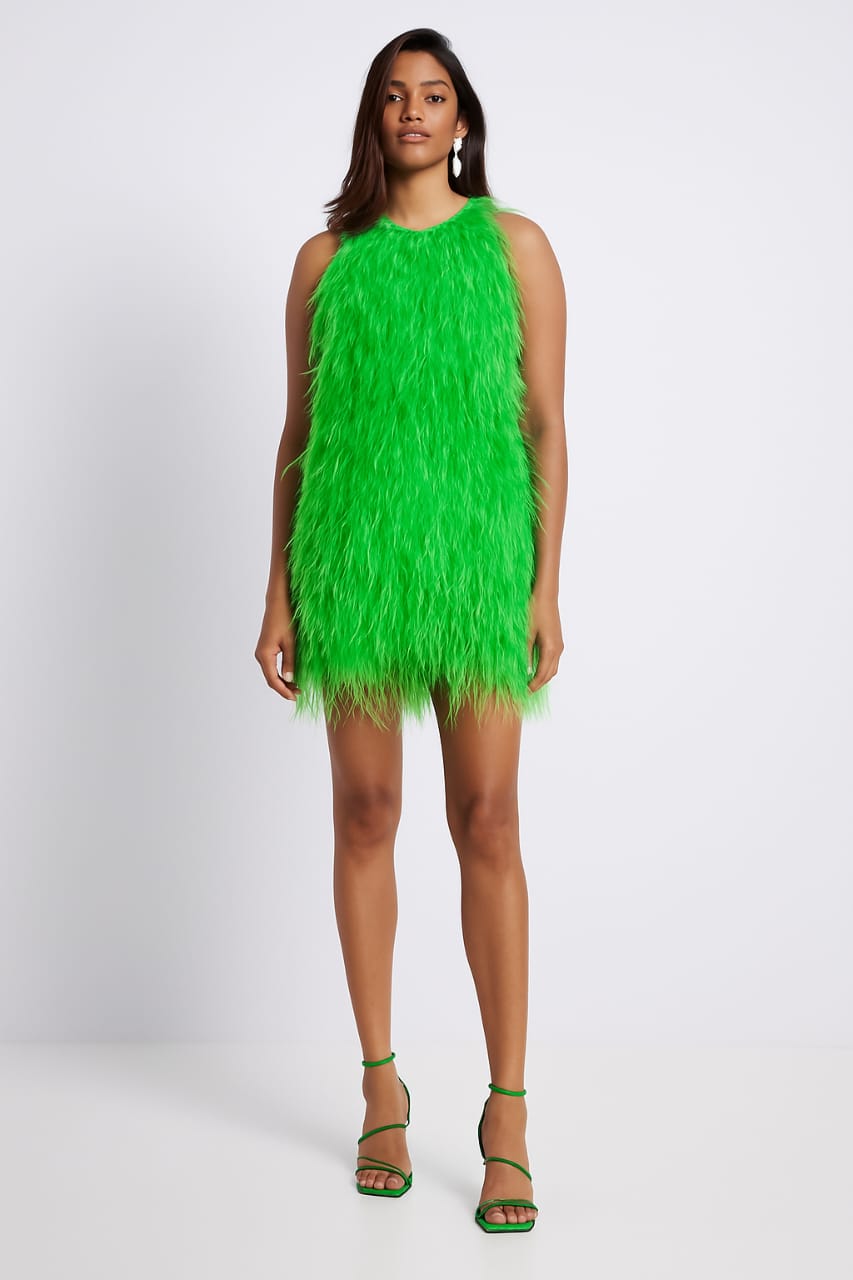Neon Green Feather Mini Dress