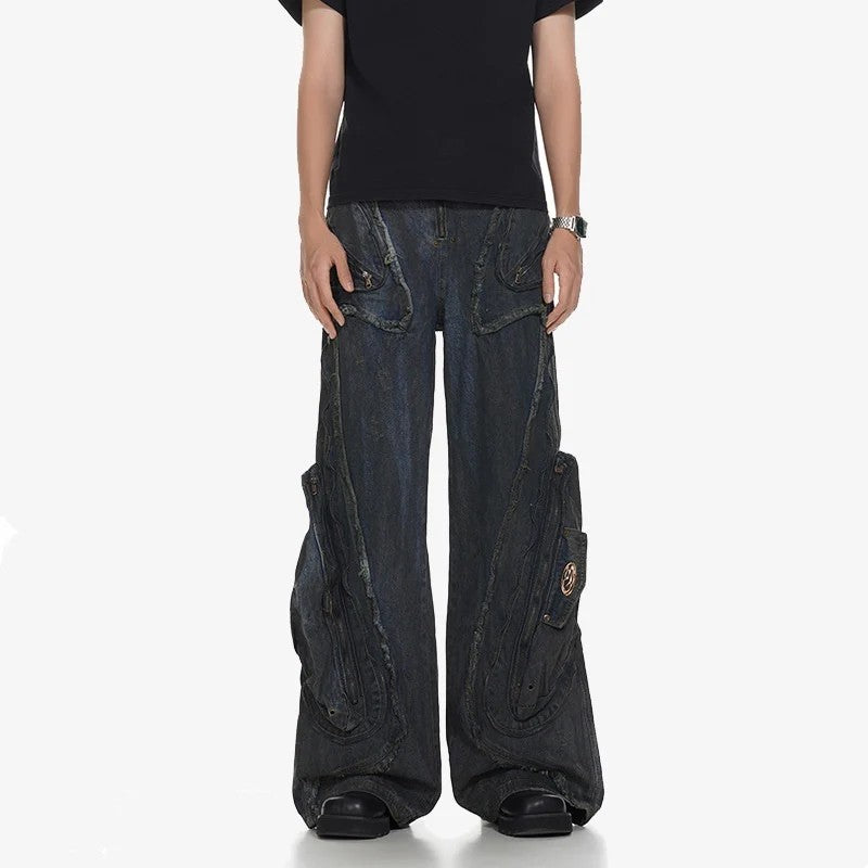 Dark Wash Extreme Wide-Leg Cargo Denim