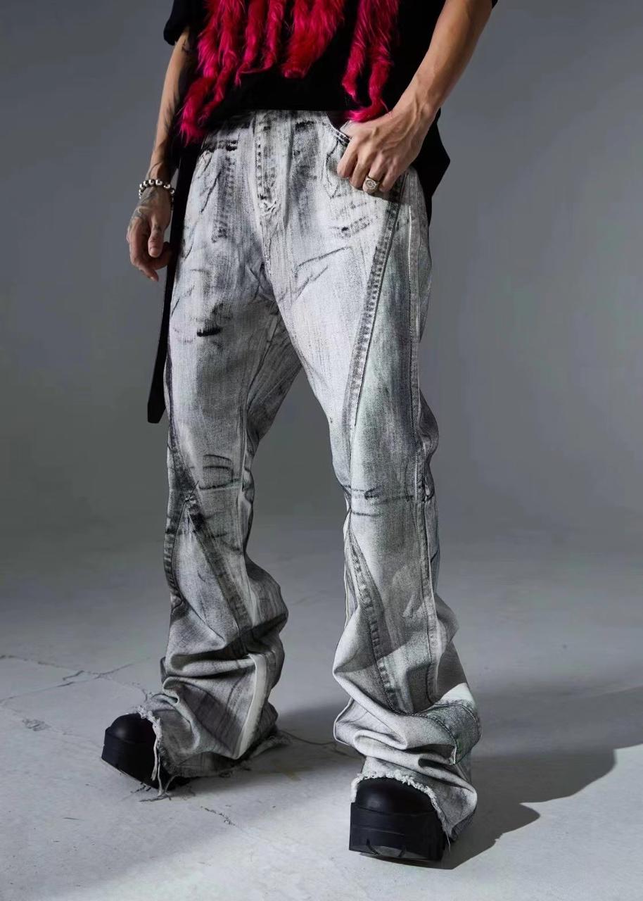 Grey Acid-Wash Sculpted Wide-Leg Denim