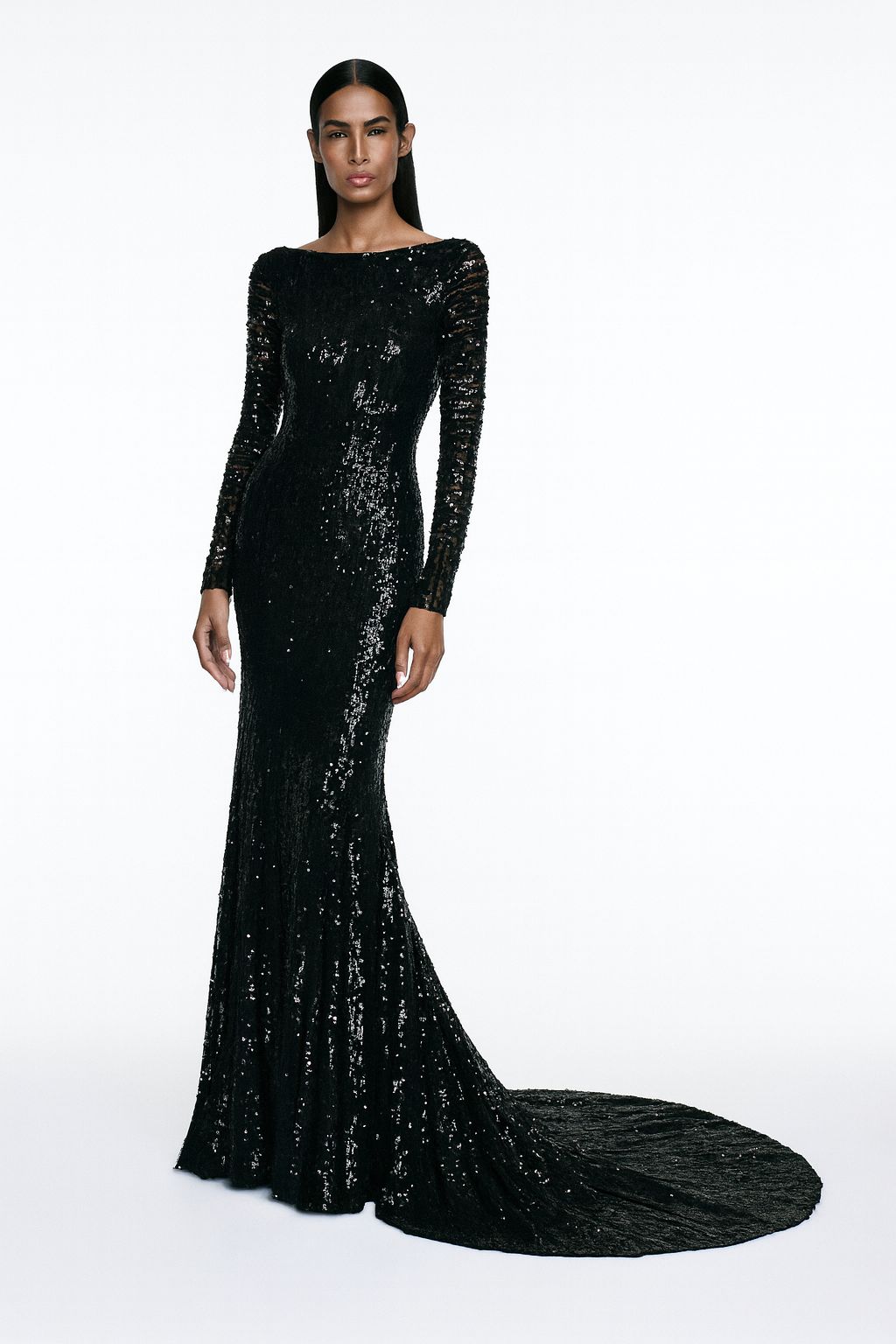 Black Sequin Long-Sleeve Gown