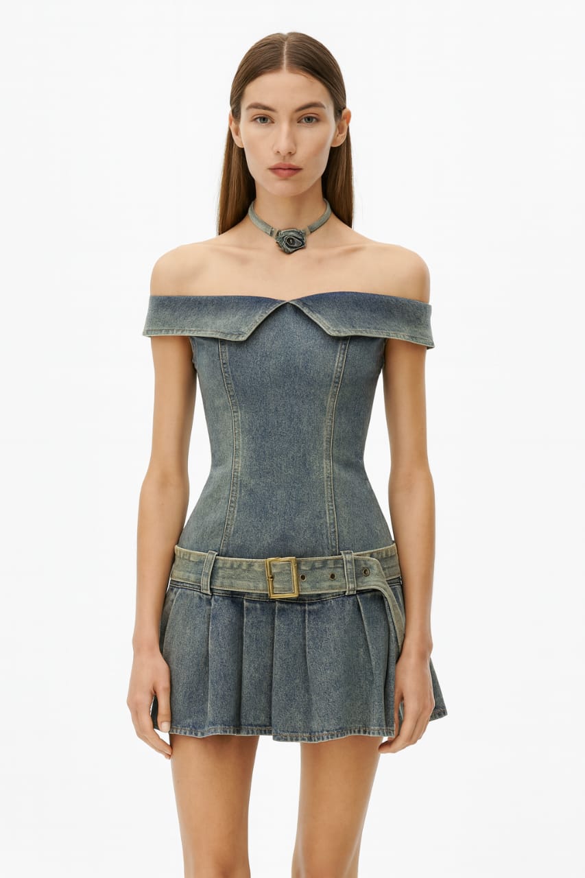 Off-Shoulder Belted Denim Mini Dress