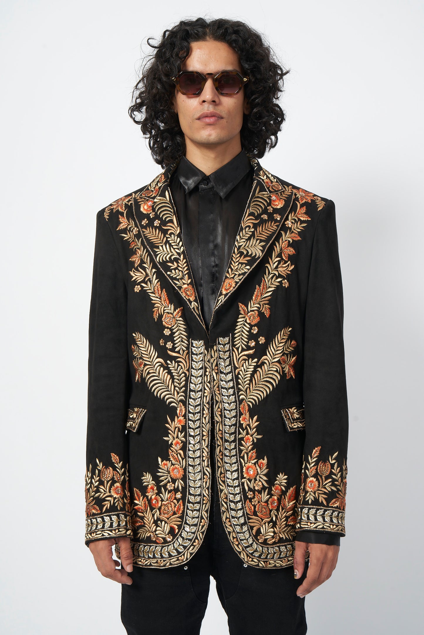 Black Velvet Floral Gold Embroidered Blazer