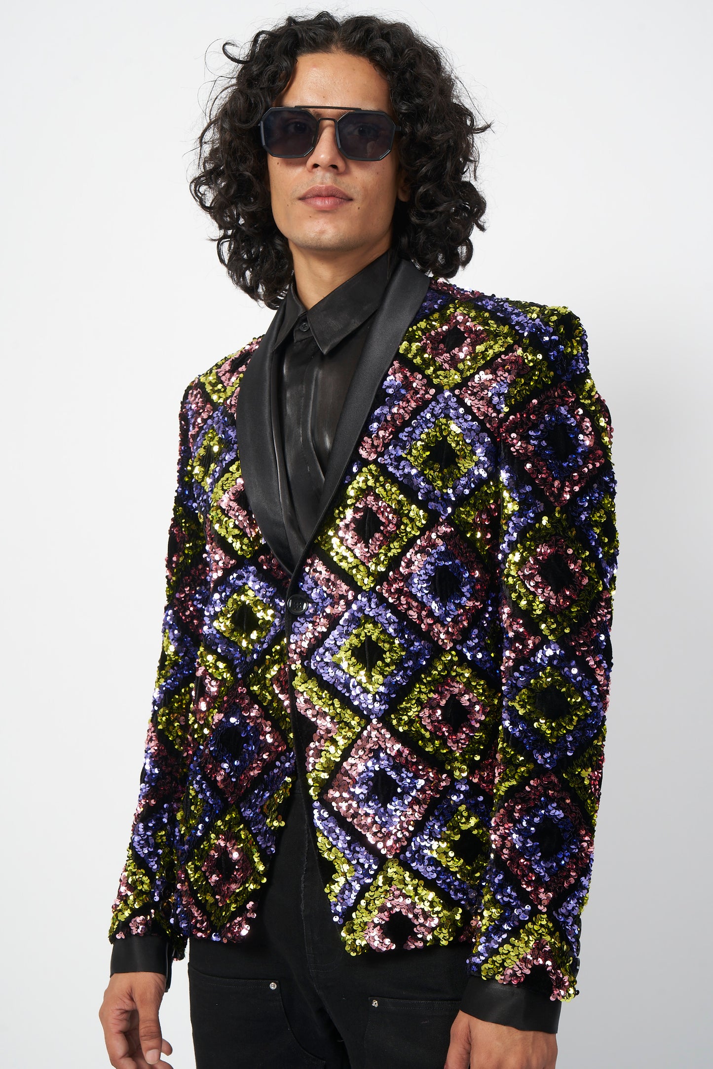 Multicolour Sequin Geometric Pattern Blazer