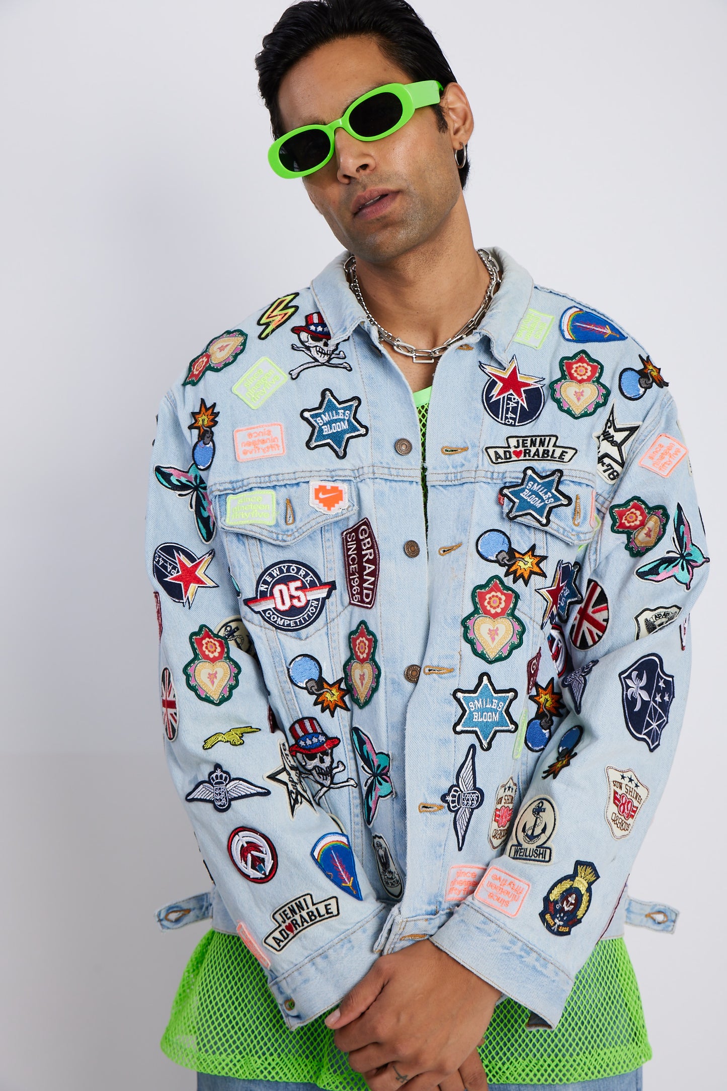 Light Wash Denim Jacket With Multicolor Patchwork Badges